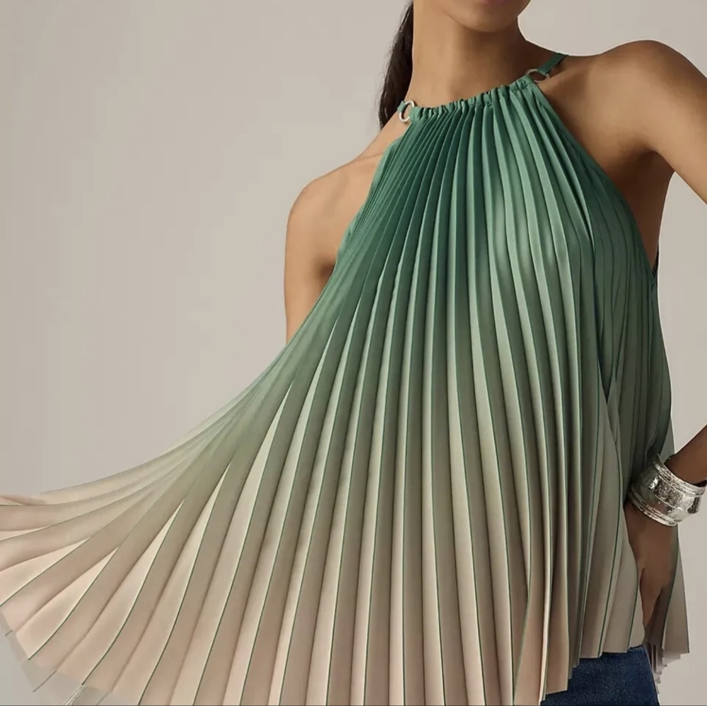 Anthropologie Green and Beige Pleated Halter Top